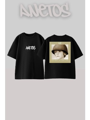 Anetos U2 The Best Of Tasarım Sırt Baskılı Pamuk Siyah Oversize T-Shirt
