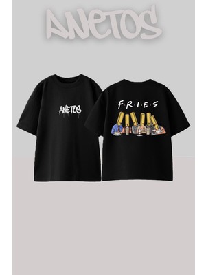 Anetos Frıes Tasarım Sırt Baskılı Pamuk Siyah Oversize T-Shirt