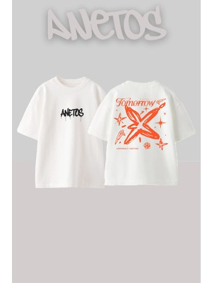 Anetos Txt 3 Tasarım Sırt Baskılı Pamuk Beyaz Oversize T-Shirt