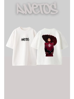 Anetos Lady Gaga 14 Tasarım Sırt Baskılı Pamuk Beyaz Oversize T-Shirt