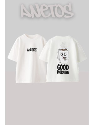 Anetos Good Mornıng Tasarım Sırt Baskılı Pamuk Beyaz Oversize T-Shirt