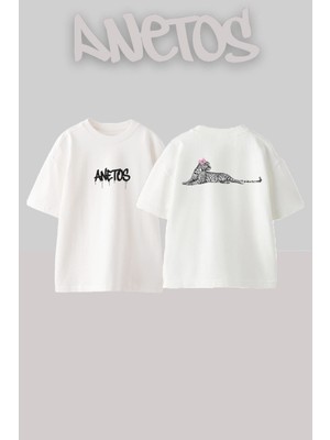 Anetos Leopar 2 Tasarım Sırt Baskılı Pamuk Beyaz Oversize T-Shirt