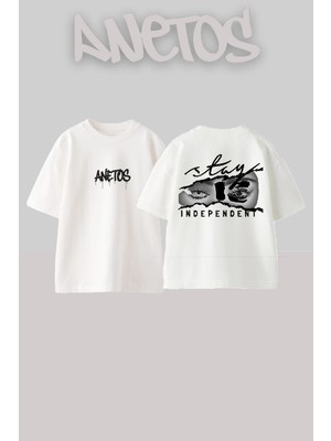 Anetos Staye Tasarım Sırt Baskılı Pamuk Beyaz Oversize T-Shirt