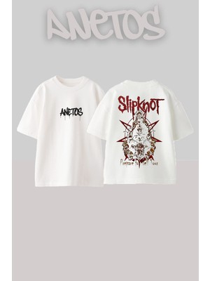 Anetos Slipknot 11 Tasarım Sırt Baskılı Pamuk Beyaz Oversize T-Shirt