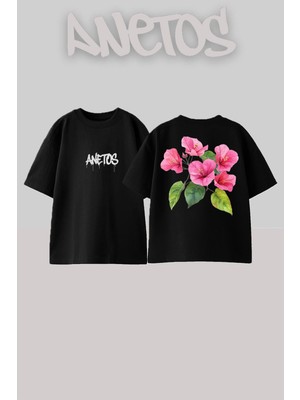 Anetos Cicekler 2 Tasarım Sırt Baskılı Pamuk Siyah Oversize T-Shirt