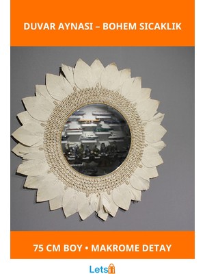 Letsii 75 cm Doğal Makrome Duvar Aynası Bohem Dekorasyon