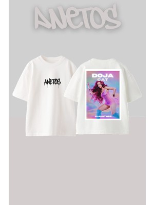 Anetos Doja Cat 4 Tasarım Sırt Baskılı Pamuk Beyaz Oversize T-Shirt