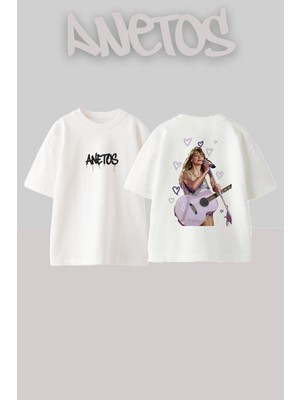Anetos Taylor Swift 14 Tasarım Sırt Baskılı Pamuk Beyaz Oversize T-Shirt