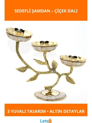 Letsii Pirinç Sedefli Şamdan 3'lü Altın Detaylarla Şık Dekor