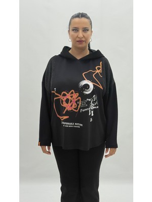 AlanyaXXL Büyük Beden Kapüşonlu Taşlı Uzun Kol Oversize Kadın Sweatshirt