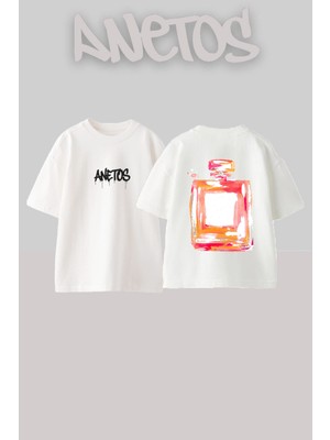 Anetos Parfum Tasarım Sırt Baskılı Pamuk Beyaz Oversize T-Shirt