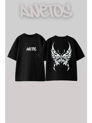 Anetos Metal Kelebek Tasarım Sırt Baskılı Pamuk Siyah Oversize T-Shirt