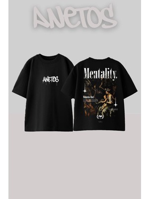 Anetos Mentality Iskelet Kadın Tasarım Sırt Baskılı Pamuk Siyah Oversize T-Shirt