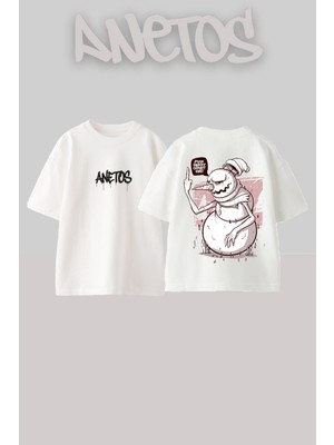 Anetos Canavar Tasarım Sırt Baskılı Pamuk Beyaz Oversize T-Shirt