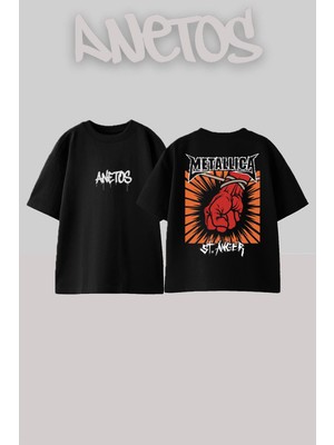 Anetos Metallica 14 Tasarım Sırt Baskılı Pamuk Siyah Oversize T-Shirt