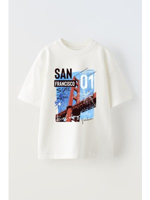 Anetos San Francısco Baskılı Ünisex Pamuk Beyaz Oversize T Shirt