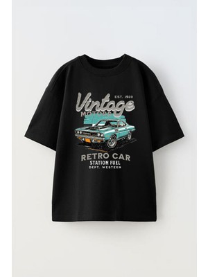 Anetos Vıntage Car Baskılı Ünisex Pamuk Siyah Oversize T Shirt