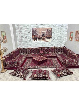 Coton Şark Köşesi Otantik Şönil Dokuma Lüks Minder Takımı Bordo 19 Parça