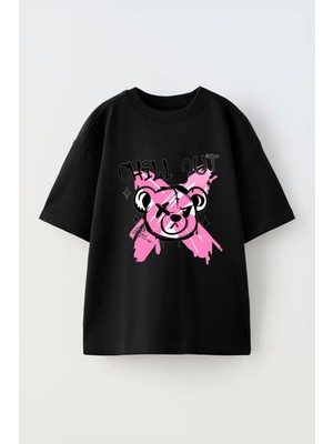 Anetos Chıll Bear Baskılı Ünisex Pamuk Siyah Oversize T Shirt