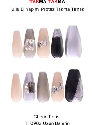 Takma Takma 10'lu Siyah Uzun Balerin TT0962 Tekrar Kullanılabilir El Yapımı Protez Takma Tırnak - Siyah-M