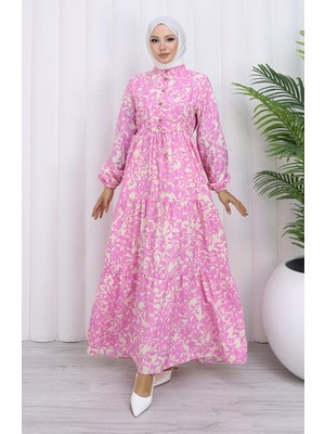 Hakim Yaka Beli Bağcıklı Desenli Elbise 0190-06 Pembe