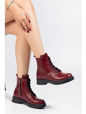 Budi 02-2003 Bordo Kırışık Rugan Bağcıklı Fermuarlı Günlük Kadın Bot