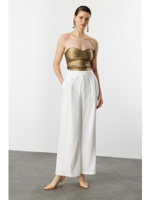 Accort Düğme Detay Bol Pantolon-Kemık