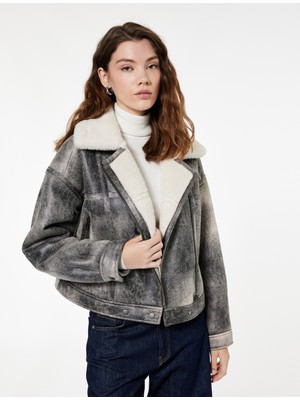 Koton Cepli Fermuarlı Eskitilmiş Süet Görünümlü Içi Suni Kürklü Crop Biker Mont