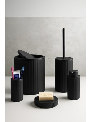 Alvo Store Buğz 5'li Eco Banyo Seti Çöp Kovası Tuvalet Fırçası Sabunluk Diş Fırçalık 5 Parça Siyah Çizgili Yuvarlak