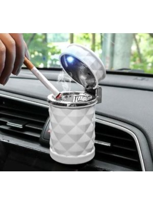 Btl Otomotiv Kristal Pırlanta Taş Görünümlü Mavi LED Işıklı Lüx Oto Küllük Kapaklı Araç Içi Küllük Beyaz