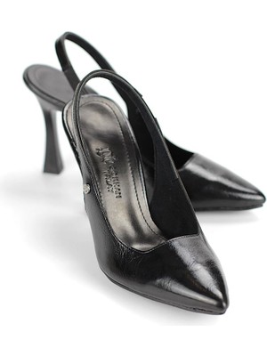 Gökhan Talay Margaret  Esnek Yumuşak Kaymaz Taban (10 Cm) Siyah Rugan  Açık Lastikli Kadın Kalın Topuklu Ayakkabı