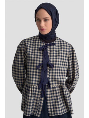 Armine Bağlamalı Karpuz Kol Ekose Tunik 25KM1025 Lacivert