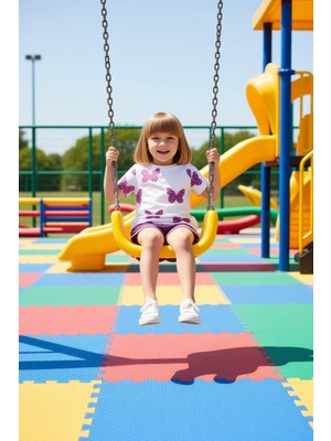 FRM Kız Çocuk Pamuklu Kelebek Baskılı Bisiklet Yaka Kısa Kollu Üst ve Lastikli Şort Takımı Kaliteli