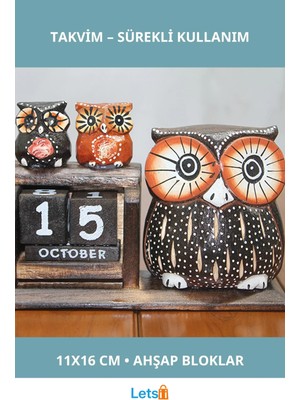 Letsii Doğal Ahşap Baykuş Figürlü Masa Takvimi 11X16 cm