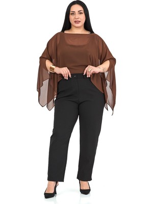 Disentis Modest Büyük Beden Asimetrik Kesim Şifon Kahverengi Pelerin Bolero