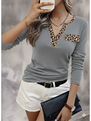 Gökyüzü Moda Kadın Uzun Kollu V Yakalı Kaşkorse Bluz