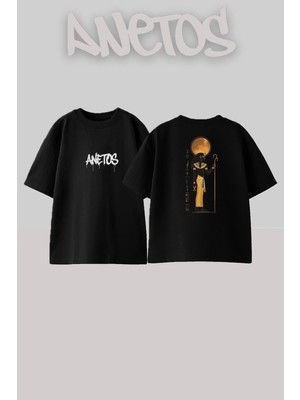 Anetos Egypt 6 Tasarım Sırt Baskılı Pamuk Siyah Oversize T-Shirt
