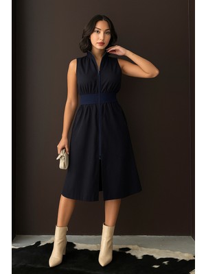 Mamayaga Kadın Dik Yaka Önü Fermuarlı Yırtmaçlı Baharlık Yazlık Beli Lastikli Şık Ceket Elbise