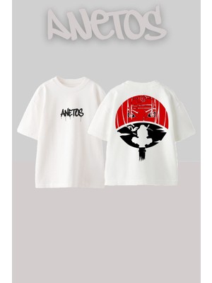 Anetos Itachi Sasuke 1 Tasarım Sırt Baskılı Pamuk Beyaz Oversize T-Shirt
