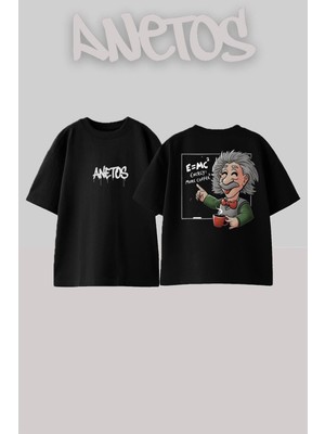 Anetos Albert Coffe Tasarım Sırt Baskılı Pamuk Siyah Oversize T-Shirt
