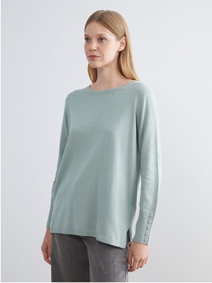 LC Waikiki Yeni Sezon Bisiklet Yaka Taşlı Kadın Triko KAZAK_8684687921913