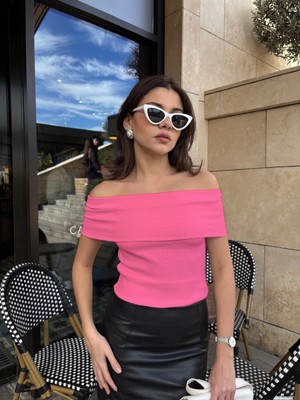 Bilfold Madonna Yaka Sıfır Kol Bluz Pembe