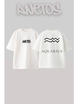 Anetos Aquarıus Tasarım Sırt Baskılı Pamuk Beyaz Oversize T-Shirt