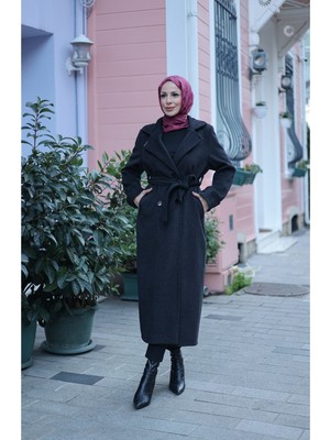 Kadeem Giyim Elzem Moskov Kaşe Kaban Kadın Siyah Kuşaklı Düğmeli Casual 126 cm Uzun