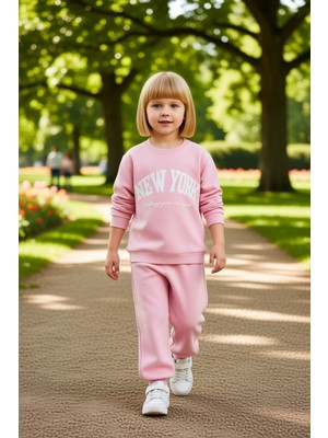 PayBuy Kız Çocuk Pamuklu New York Baskılı Bisiklet Yaka Sweatshirt ve Eşofman Takımı Kaliteli Şık