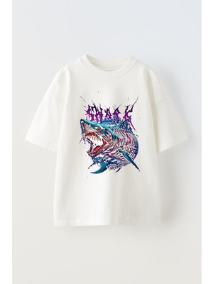 Anetos Sharke-Tasarım Ön Baskılı Pamuk Beyaz Oversize T Shirt