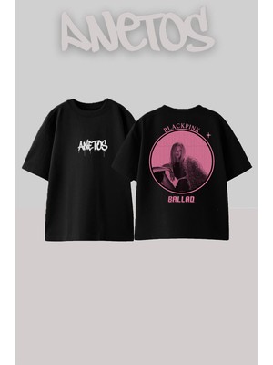 Anetos Blackpink Rose 3 Tasarım Sırt Baskılı Pamuk Siyah Oversize T-Shirt