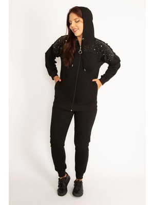 Şans Kadın Büyük Beden Siyah Taş Detaylı Ön Fermuar Ve Kapşonlu Sweatshirt Pantolon İkili Takım 65N38387