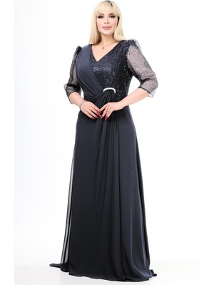 Ladies First Büyük Beden 3874 Siyah Uzun Abiye Elbise