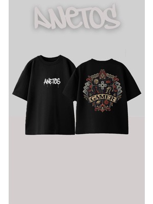 Anetos Gamer Tasarım Sırt Baskılı Pamuk Siyah Oversize T-Shirt